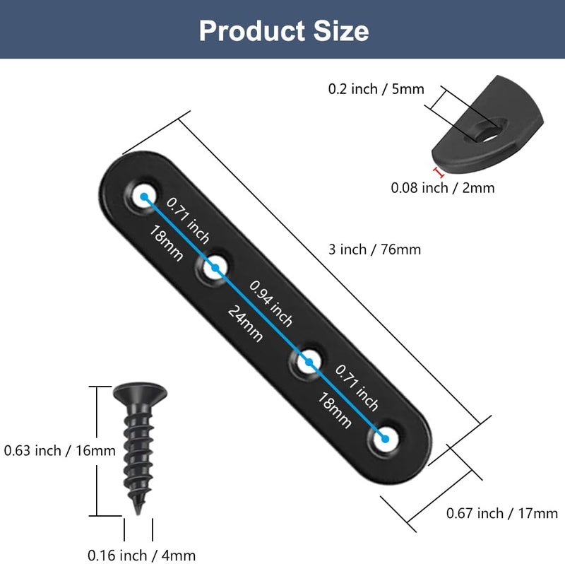 YEWLACA 24Pcs Black Stainless Steel Flat Brace Mending Plates, Sturdy Metal Repair Fixing Joining Brackets for Wood Furniture with Screws - Image 2